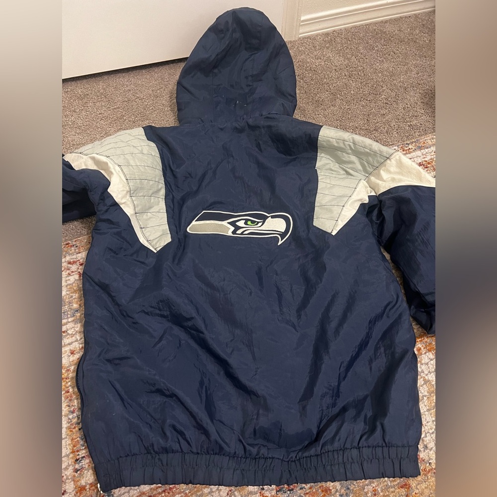 Vtg Seattle Seahawks Jacket Mens L Blue Starter Y2K Pullover Pouch 1/2 Zip - Picture 9 of 11